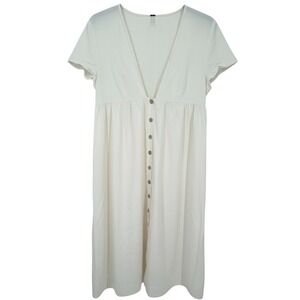 Free People Cream Cotton Button Front V Neck Short Sleeve Midi Dress Size S Boho